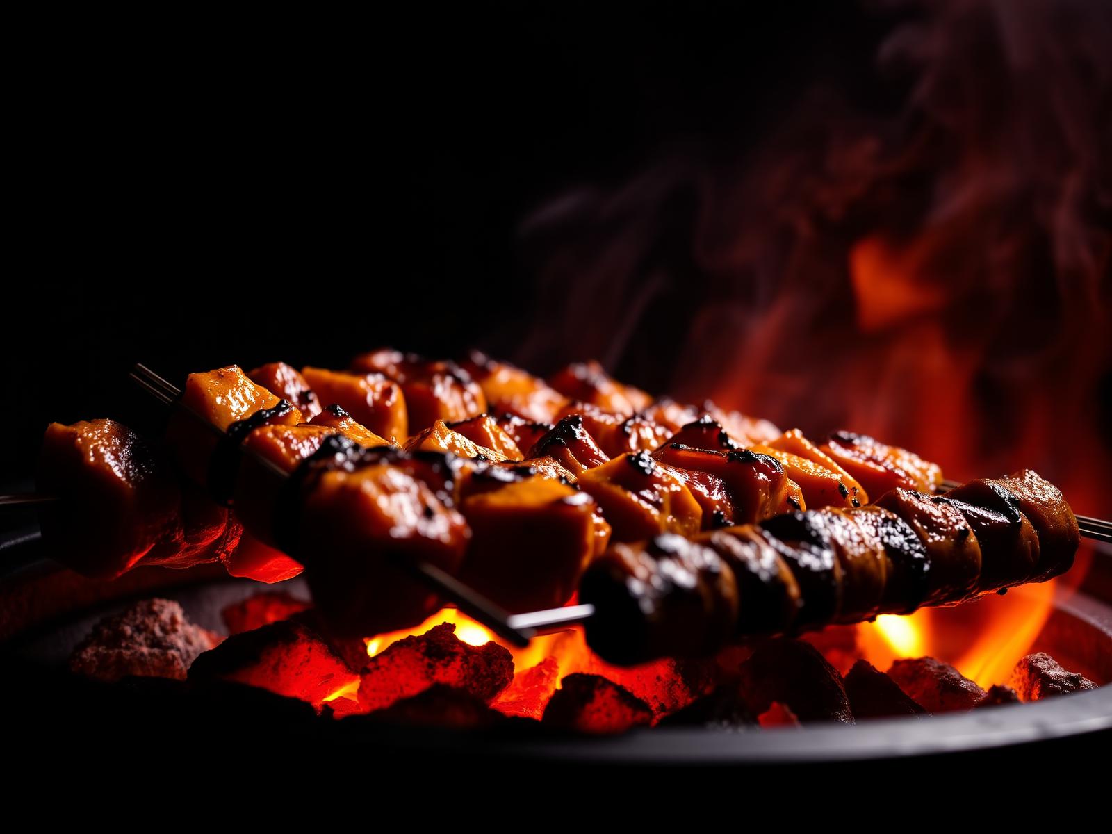 Sissende kebab spiezen boven gloeiende kolen